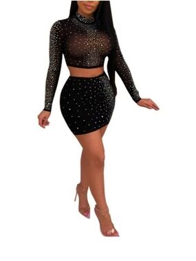 Rhinestone Embellished Black Mini Skirt